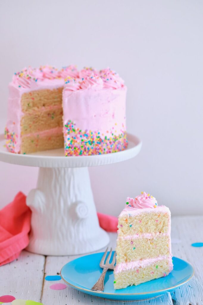 3 Layer No-bake Cake with Pink Frosting and Sprinkles