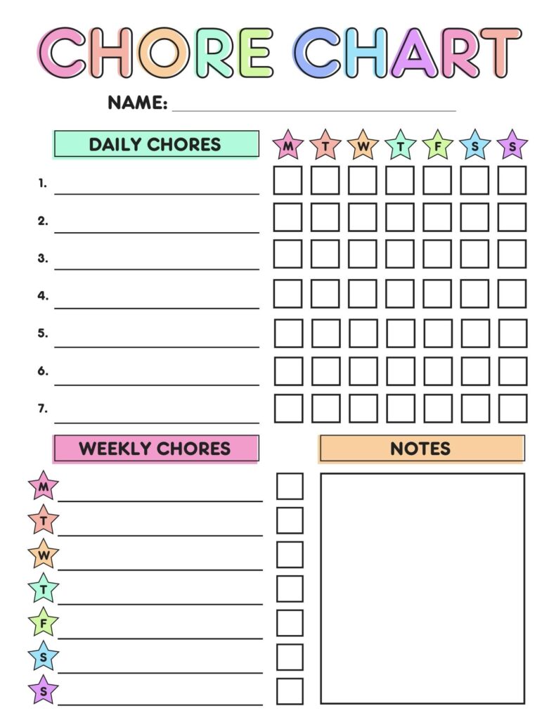 free printable chore charts for kids girls