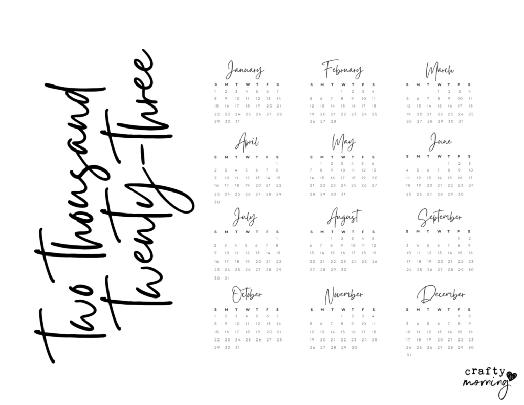 One Page Year Calendar 2023