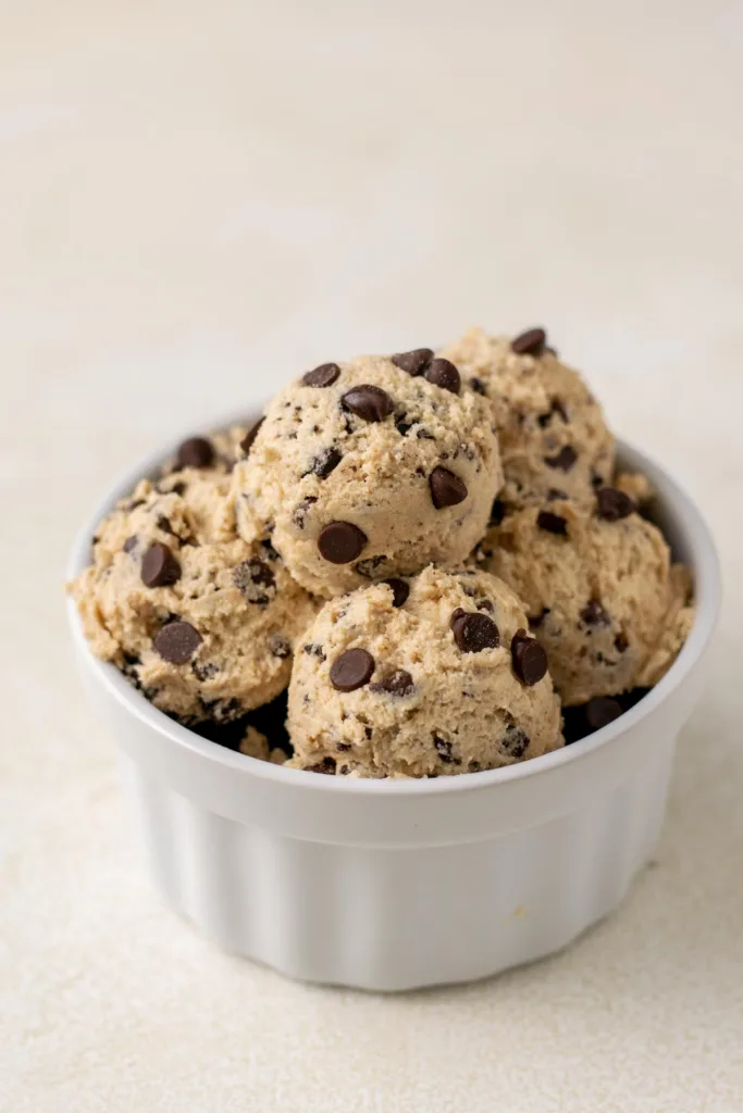 bowl of chocolate chip cookie dough scoops in a white ramekin